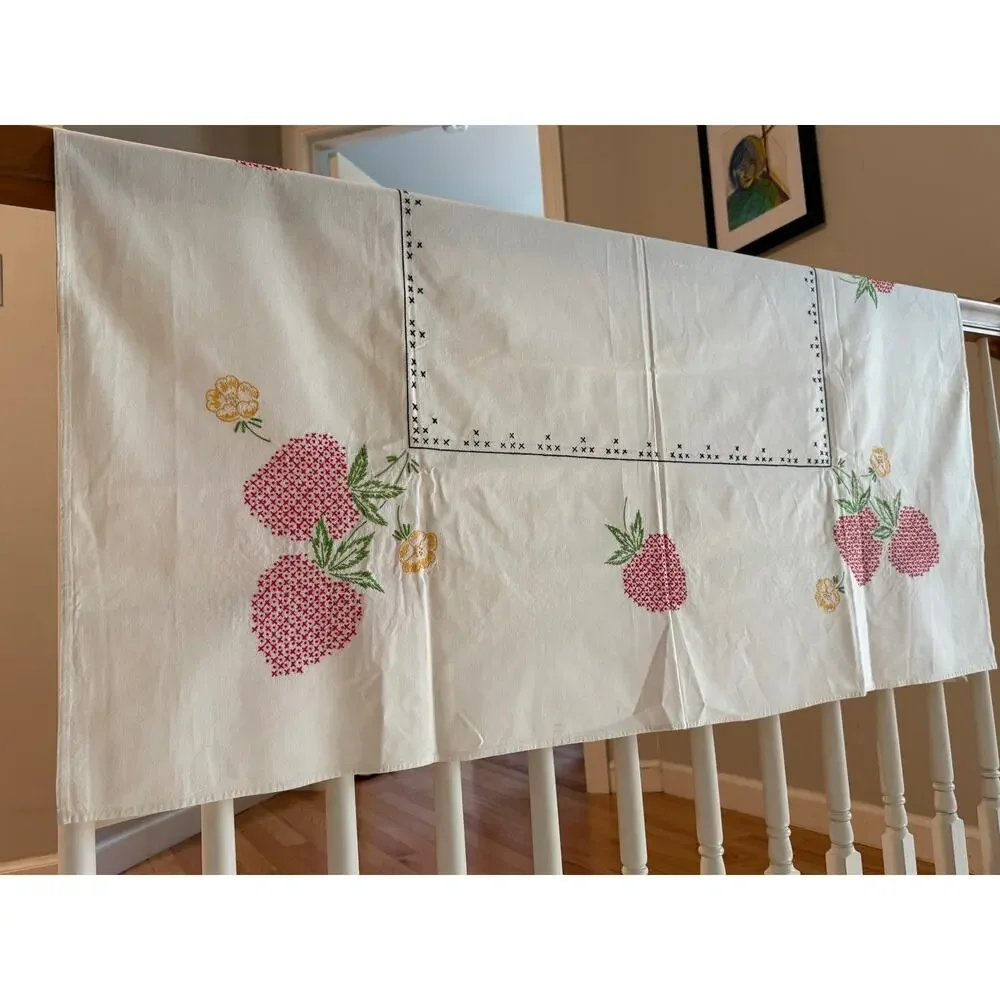 Vintage Hand Embroidered Strawberry Tablecloth White Cottagecore 50 x 50 OOAK